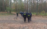 Policjanci i strażnicy leśni idą do lasu szukać zaginionego mężczyzny